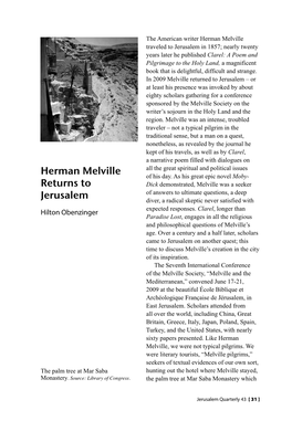 Herman Melville Returns to Jerusalem Palestine, but His Dislocation of Sensibility Prodded Him to Meditate on and Question All the Ultimate Truths of Religion