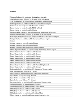 Romania Names of Wines with Protected Designations of Origin