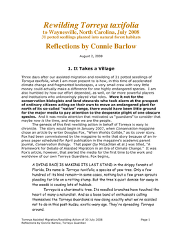 Rewilding Torreya Taxifolia to Waynesville, North Carolina, July 2008 31 Potted Seedlings Planted Into Natural Forest Habitats