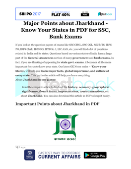 Major Points About Jharkhand - Know Your States in PDF for SSC, Bank Exams