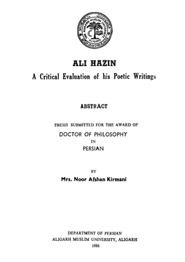 ALI HAZIN a Critical Evaluation of His Poetic Writings