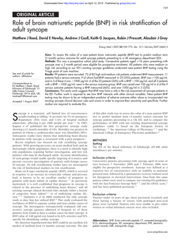 BNP) in Risk Stratification of Adult Syncope Matthew J Reed, David E Newby, Andrew J Coull, Keith G Jacques, Robin J Prescott, Alasdair J Gray