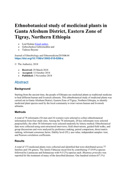 Ethnobotanical Study of Medicinal Plants in Ganta Afeshum District, Eastern Zone of Tigray, Northern Ethiopia