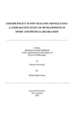 Leisure Policy in New Zealand and Malaysia: a Comparative Study of Developments in Sport and Physical Recreation