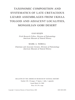 Taxonomic Composition and Systematics of Late Cretaceous Lizard Assemblages from Ukhaa Tolgod and Adjacent Localities, Mongolian Gobi Desert