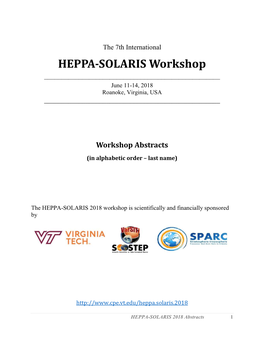 HEPPA-SOLARIS Workshop ______June 11-14, 2018 Roanoke, Virginia, USA ______