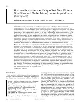 Host and Host-Site Specificity of Bat Flies (Diptera: Streblidae and Nycteribiidae) on Neotropical Bats (Chiroptera)