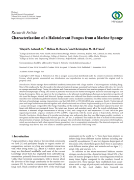 Research Article Characterization of a Halotolerant Fungus from a Marine Sponge