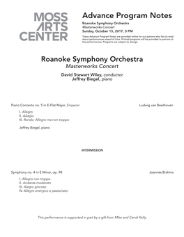 Advance Program Notes Roanoke Symphony Orchestra Masterworks Concert Sunday, October 15, 2017, 3 PM