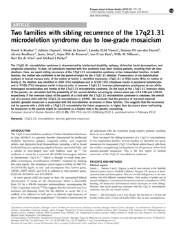 Two Families with Sibling Recurrence of the 17Q21.31 Microdeletion Syndrome Due to Low-Grade Mosaicism