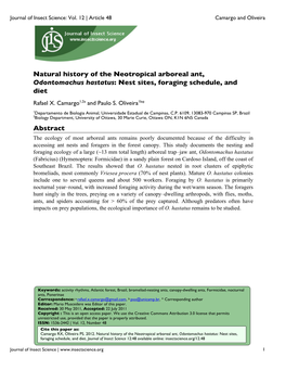 Natural History of the Neotropical Arboreal Ant, Odontomachus Hastatus: Nest Sites, Foraging Schedule, and Diet