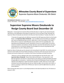Supervisor Supreme Moore Omokunde to Resign County Board Seat December 18