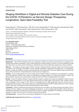 Shaping Workflows in Digital and Remote Diabetes Care During the COVID-19 Pandemic Via Service Design: Prospective, Longitudinal, Open-Label Feasibility Trial