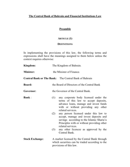 The Central Bank of Bahrain and Financial Institutions Law Preamble