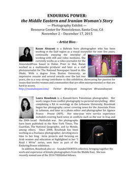 ENDURING POWER: the Middle Eastern and Iranian Woman’S Story — Photography Exhibit — Resource Center for Nonviolence, Santa Cruz, CA November 2 – December 17, 2015