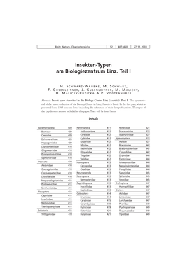 Insekten-Typen Am Biologiezentrum Linz. Teil I