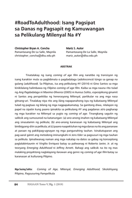 Roadtoadulthood: Isang Pagsipat Sa Danas Ng Pagsapit Ng Kamuwangan Sa Pelikulang Milenyal Na #Y