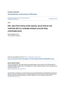 And Post-Copulatory Sexual Selection in the Tortoise Beetle Acromis Sparsa (Coleoptera: Chrysomelidae)