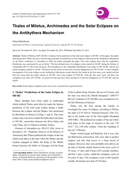 Thales of Miletus, Archimedes and the Solar Eclipses on the Antikythera Mechanism