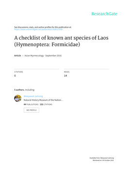 A Checklist of Known Ant Species of Laos (Hymenoptera: Formicidae)