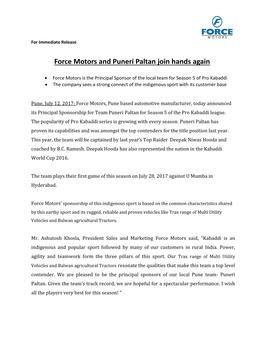 Force Motors and Puneri Paltan Join Hands Again July 12, 2017