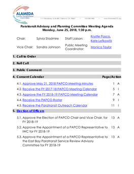 Paratransit Advisory and Planning Committee Meeting Agenda Monday, June 25, 2018, 1:30 P.M