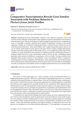 Comparative Transcriptomics Reveals Gene Families Associated with Predatory Behavior in Photuris Femme Fatale Fireﬂies