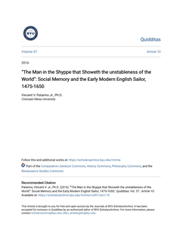 The Man in the Shyppe That Showeth the Unstableness of the World”: Social Memory and the Early Modern English Sailor, 1475-1650