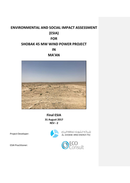 Environmental and Social Impact Assessment (Esia) for Shobak 45 Mw Wind Power Project in Ma’An