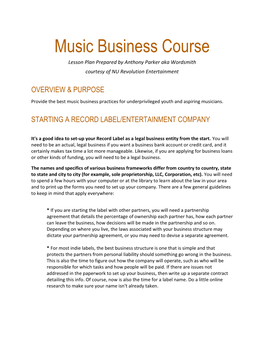 Music Business Course Lesson Plan Prepared by Anthony Parker Aka Wordsmith Courtesy of NU Revolution Entertainment