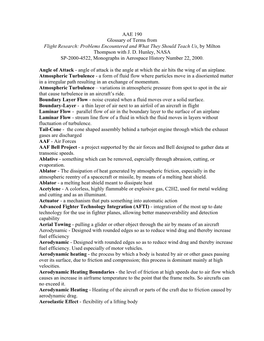 AAE 190 Glossary of Terms from Flight Research: Problems Encountered and What They Should Teach Us, by Milton Thompson with J