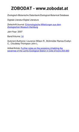 Further Notes on the Scorpions Inhabiting the Savannas of the Lamto Ecological Station in Côte D’Ivoire 253-263 © Zoologisches Museum Hamburg;