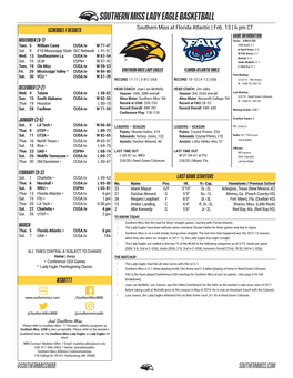 Southern Miss Lady Eagle Basketball Southern Miss at Florida Atlantic | Feb