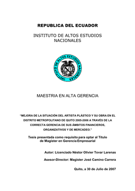 Republica Del Ecuador Instituto De Altos Estudios Nacionales Maestria