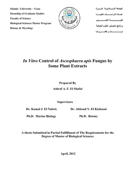 In Vitro Control of Ascosphaera Apis Fungus by Some Plant Extracts