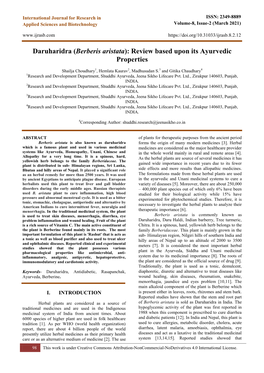 Daruharidra (Berberis Aristata): Review Based Upon Its Ayurvedic Properties