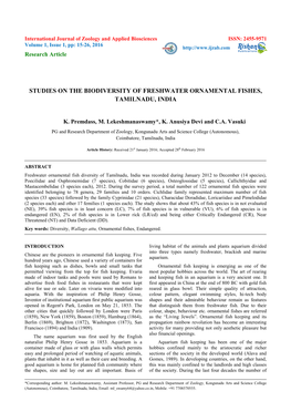 Studies on the Biodiversity of Freshwater Ornamental Fishes, Tamilnadu, India