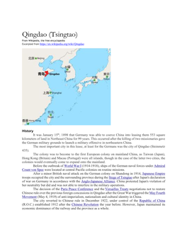 Qingdao (Tsingtao) from Wikipedia, the Free Encyclopedia Excerpted From