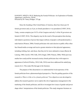 SANGHVI, MINITA, Ph.D. Marketing the Female Politician: an Exploration of Gender, Appearance, and Power