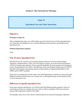 Section 2: the Networks for Messages Topic 10 Specialized Nets And