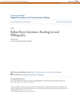 Balkan Slavic Literatures: Reading List and Bibliography Petko Ivanov Connecticut College, Pivanov@Conncoll.Edu