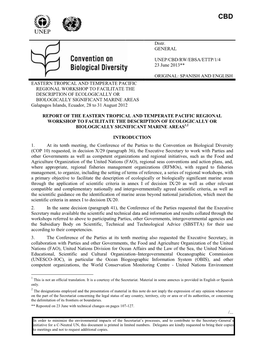 Report of the Eastern Tropical and Temperate Pacific Regional Workshop to Facilitate the Description of Ecologically Or Biologically Significant Marine Areas1,2