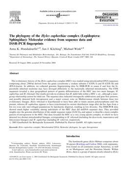 The Phylogeny of the Hyles Euphorbiae Complex (Lepidoptera: Sphingidae): Molecular Evidence from Sequence Data and ISSR-PCR ﬁngerprints Anna K