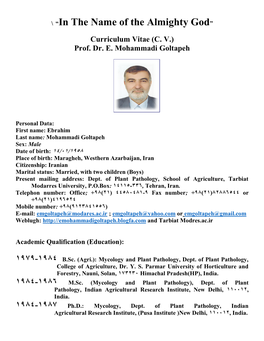 Curriculum Vitae (CV) Prof. Dr. E. Mohammadi Goltapeh