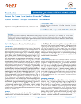 Prey of the Green Lynx Spiders (Peucetia Viridana) Jayaraman Dharmaraj*, Chinnappan Gunasekaran and Vallavan Rajkumar