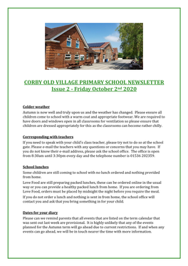 CORBY OLD VILLAGE PRIMARY SCHOOL NEWSLETTER Issue 2 - Friday October 2Nd 2020
