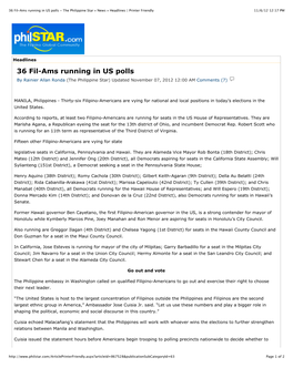 36 Fil-Ams Running in US Polls - the Philippine Star » News » Headlines | Printer Friendly 11/6/12 12:17 PM