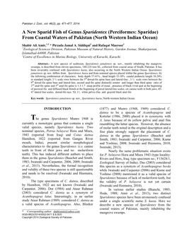 A New Sparid Fish of Genus Sparidentex (Perciformes: Sparidae) from Coastal Waters of Pakistan (North Western Indian Ocean)