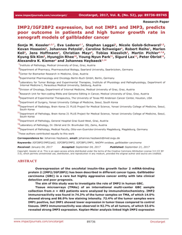 IMP2/IGF2BP2 Expression, but Not IMP1 and IMP3, Predicts Poor Outcome in Patients and High Tumor Growth Rate in Xenograft Models of Gallbladder Cancer