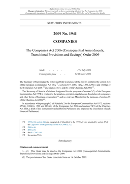 The Companies Act 2006 (Consequential Amendments, Transitional Provisions and Savings) Order 2009